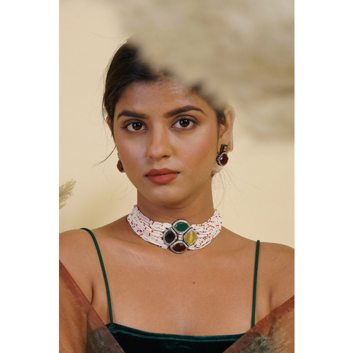 Multicolor Stone Studded Pearl Layered Choker Set | Save 33% - Rajasthan Living 7