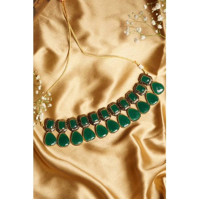 Green Stone Studded Black & Gunmetal Plated Jewellery Set | Save 33% - Rajasthan Living 7