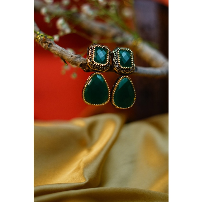 Green Stone Studded Black & Gunmetal Plated Jewellery Set | Save 33% - Rajasthan Living 8