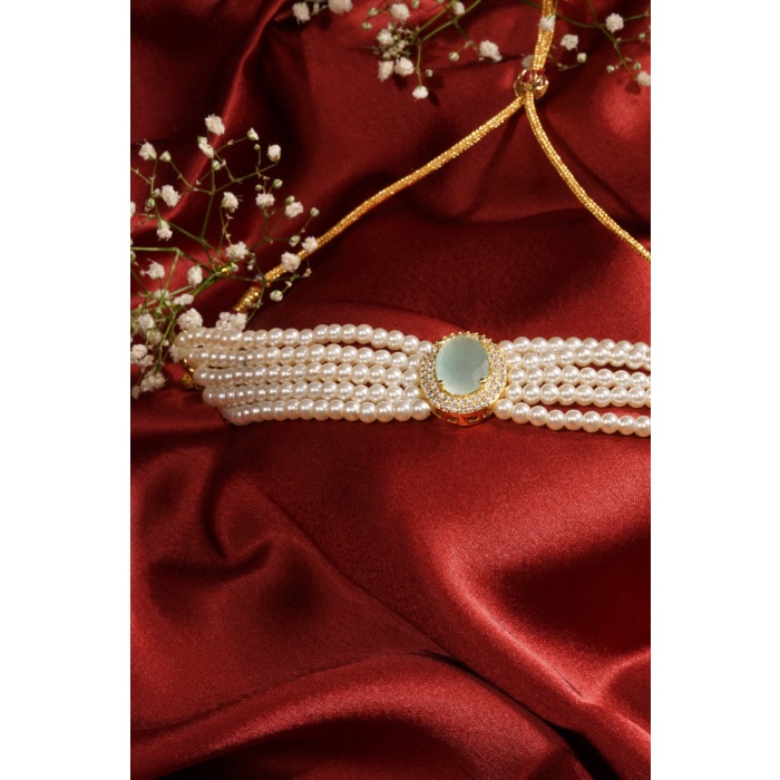 Mint Stone Studded Pearl Layered Choker Set | Save 33% - Rajasthan Living 7