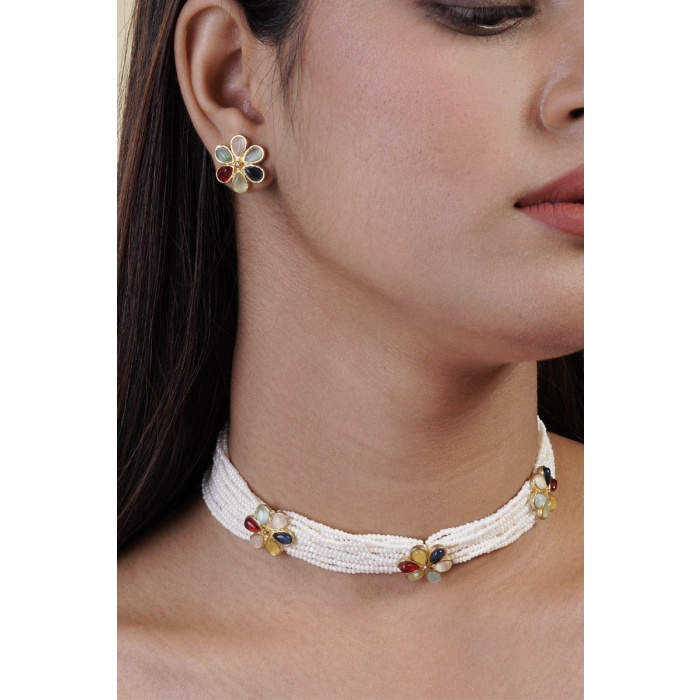 Multicolor Floral Stone Studded Pearl Choker Set | Save 33% - Rajasthan Living 6