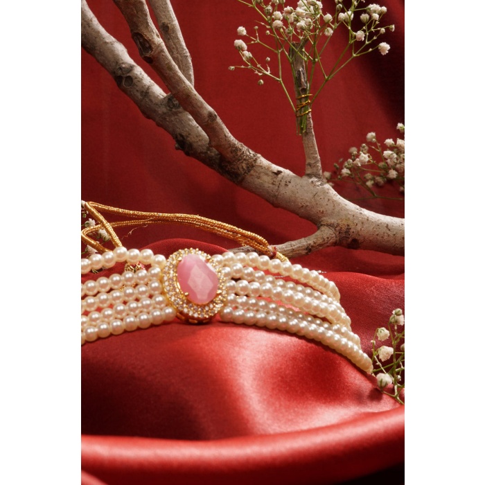 Pink Stone Studded Pearl Layered Choker Set | Save 33% - Rajasthan Living 9