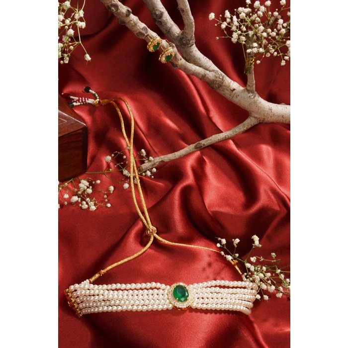 Green Stone Studded Pearl Layered Choker Set | Save 33% - Rajasthan Living 9