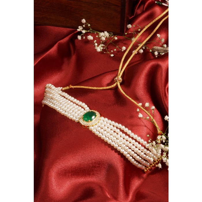 Green Stone Studded Pearl Layered Choker Set | Save 33% - Rajasthan Living 10