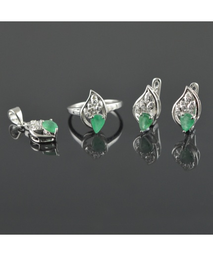 Natural Emerald, Zircon 925 Sterling Silver Ring Set | Save 33% - Rajasthan Living