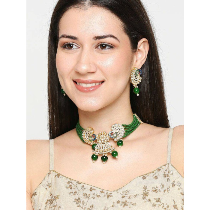 peacock design stone choker necklace, indian choker necklace set for women, beads necklaces for bridesmaids choker, kundan wedding jewellery
