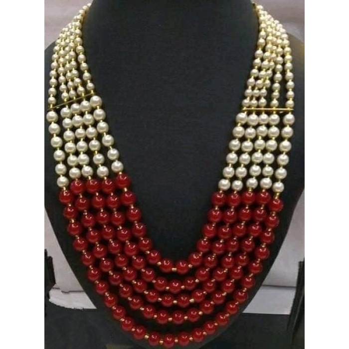 Vintage Pearl Beads Necklace With Rad Moti Mala Strand 5 Line India | Save 33% - Rajasthan Living 5