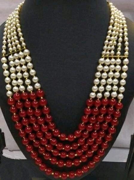 Vintage Pearl Beads Necklace With Rad Moti Mala Strand 5 Line India | Save 33% - Rajasthan Living 8
