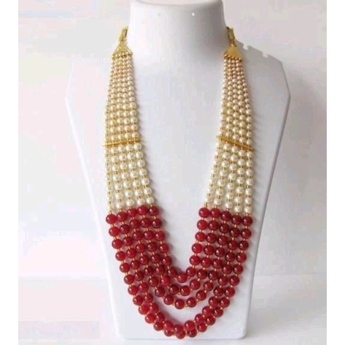 Vintage Pearl Beads Necklace With Rad Moti Mala Strand 5 Line India | Save 33% - Rajasthan Living 7