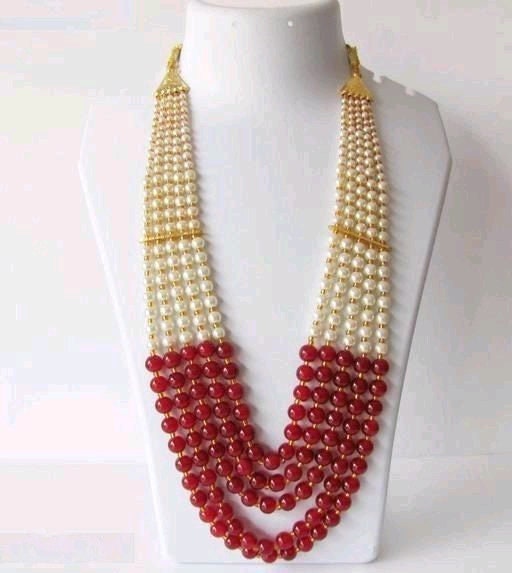 Vintage Pearl Beads Necklace With Rad Moti Mala Strand 5 Line India | Save 33% - Rajasthan Living 10