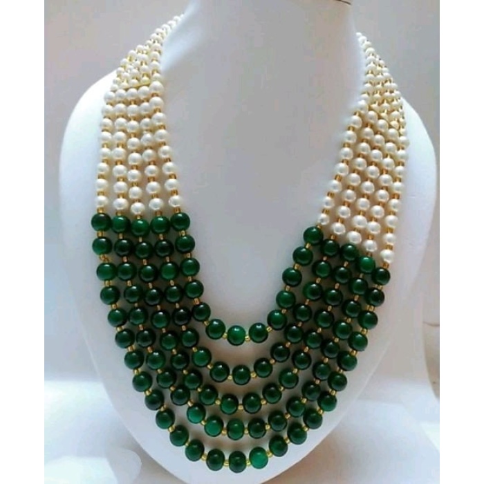 Vintage Pearl Beads Necklace With Green Moti Mala Strand 5 Line India | Save 33% - Rajasthan Living 7