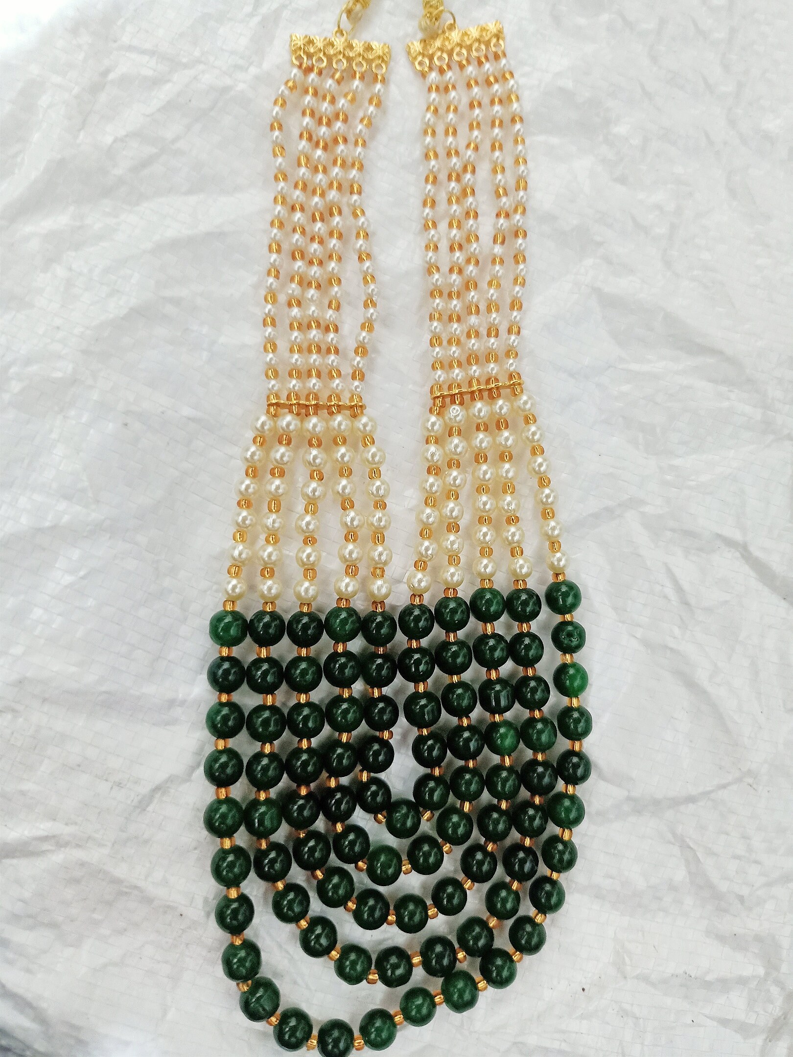 Vintage Pearl Beads Necklace With Green Moti Mala Strand 5 Line India | Save 33% - Rajasthan Living 18