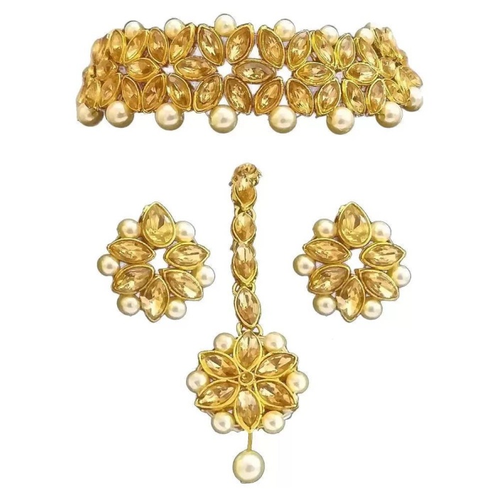Indian Choker Necklace Earrings Tikka Head Piece Jewelry Bridesmaid cz Antique Style Jewellery Bridal Wedding Fashion Pakistani Handmade Set | Save 33% - Rajasthan Living 5