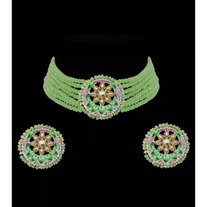 Onxy Kundan Meena Jaipuri Cut Choker Necklace Set, Jewel Set, Indian Beads Choker Set, Party Necklace, Indian Latest Jewelry for Women Gift | Save 33% - Rajasthan Living 5