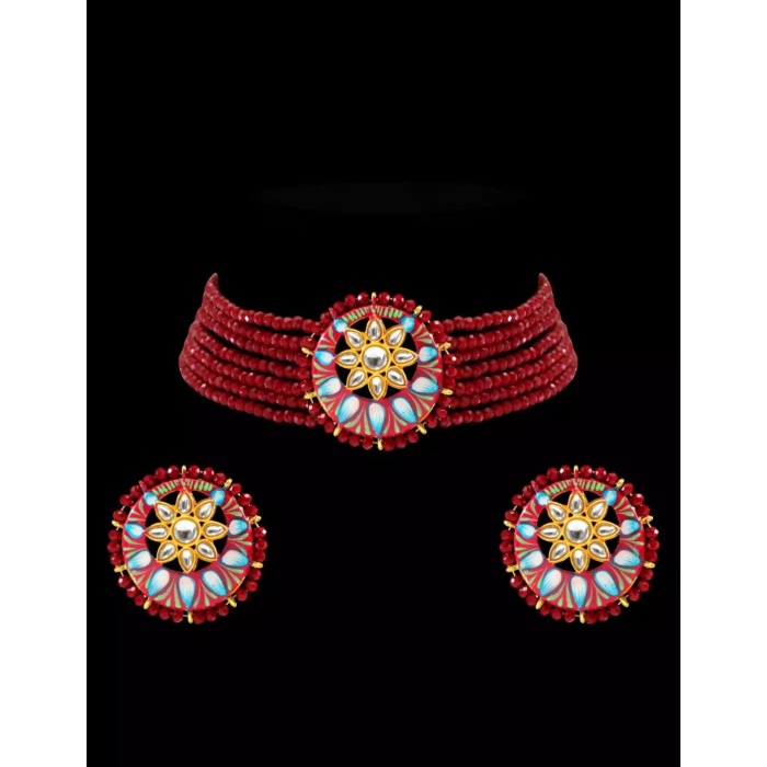 Onxy Kundan Meena Jaipuri Cut Choker Necklace Set, Jewel Set, Indian Beads Choker Set, Party Necklace, Indian Latest Jewelry for Women Gift | Save 33% - Rajasthan Living 5