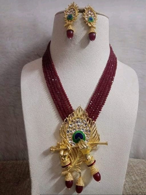 Crystal Beaded Lord Krishna Murli Pankha Necklace Set Kundan Work Jewelry With Peacock Father in Matching Earrings Gift for Your Mom Trand. | Save 33% - Rajasthan Living 16