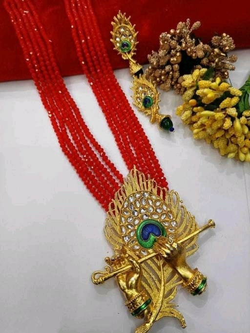 Crystal Beaded Lord Krishna Murli Pankha Necklace Set Kundan Work Jewelry With Peacock Father in Matching Earrings Gift for Your Mom Trand. | Save 33% - Rajasthan Living 18