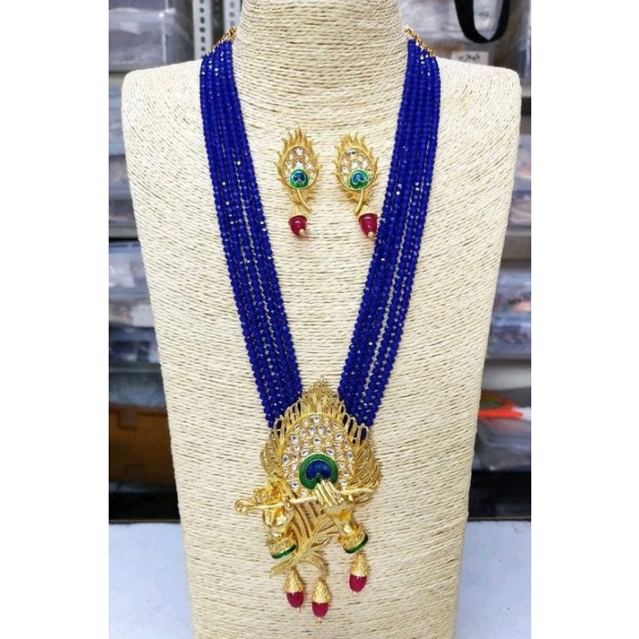 Crystal Beaded Lord Krishna Murli Pankha Necklace Set Kundan Work Jewelry With Peacock Father in Matching Earrings Gift for Your Mom Trand. | Save 33% - Rajasthan Living 5