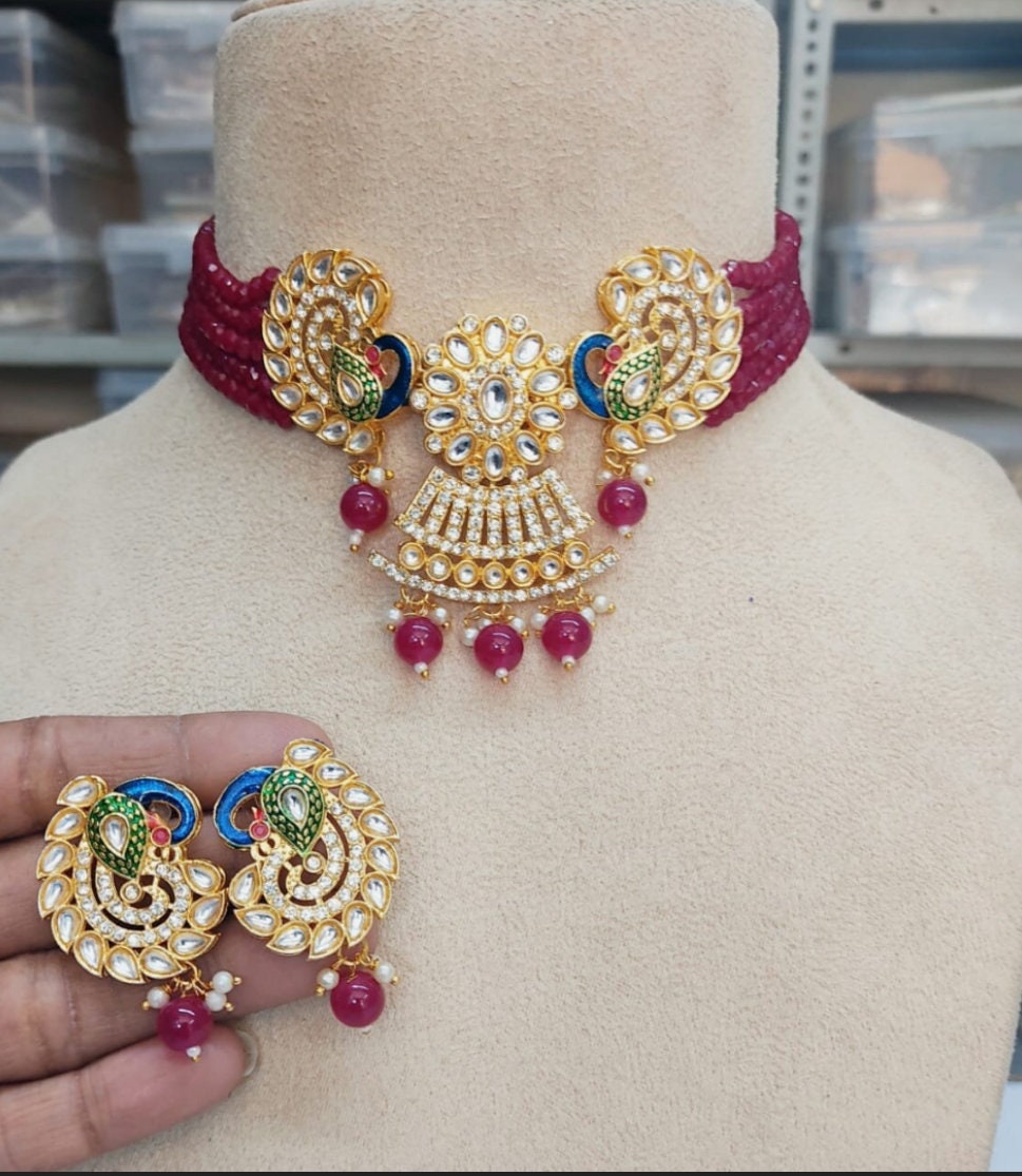 Peacock Design Stone Choker Necklace, Indian Choker Necklace Set for Women, Beads Necklaces for Bridesmaids Choker, Kundan Wedding Jewellery | Save 33% - Rajasthan Living 12