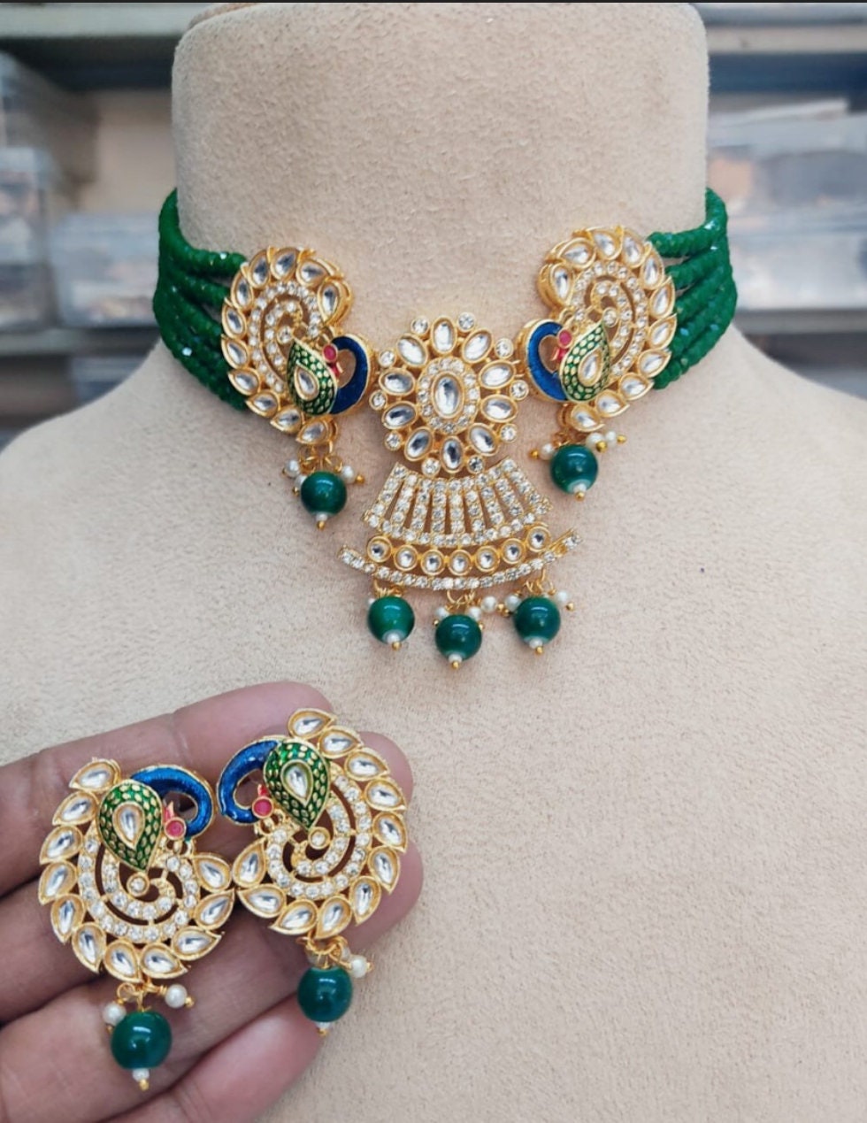 Peacock Design Stone Choker Necklace, Indian Choker Necklace Set for Women, Beads Necklaces for Bridesmaids Choker, Kundan Wedding Jewellery | Save 33% - Rajasthan Living 13