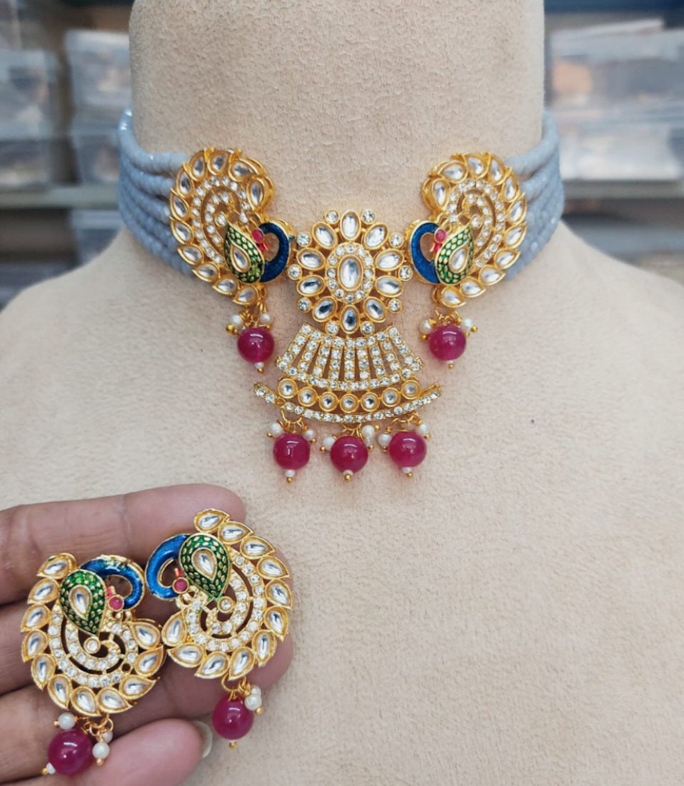 Peacock Design Stone Choker Necklace, Indian Choker Necklace Set for Women, Beads Necklaces for Bridesmaids Choker, Kundan Wedding Jewellery | Save 33% - Rajasthan Living 16