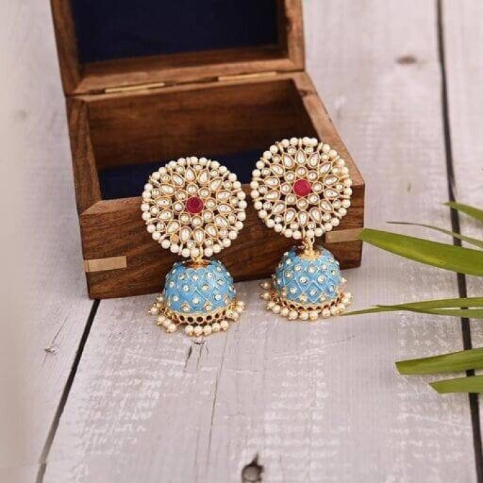 Gold Plated Handcrafted Kundan Studded Dome Shaped Jhumkas for Girls & Woman Kundan Meena Earring Indian Jewellery Indian Earring Gift Box | Save 33% - Rajasthan Living 5