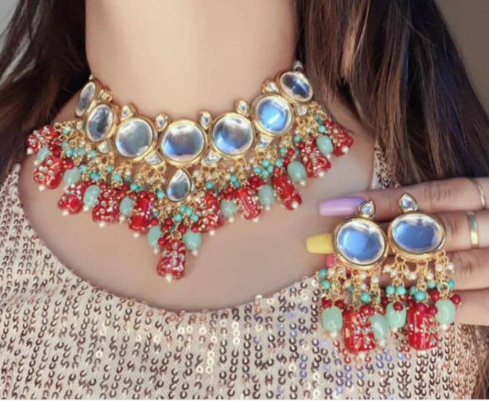 Kundan Meenakari Necklace Set Polki Jaipur Kundan Bridal Wedding Indian Jewelry Set Choker Dulhan Jewelry Earrings Women Girls Gifts | Save 33% - Rajasthan Living 10