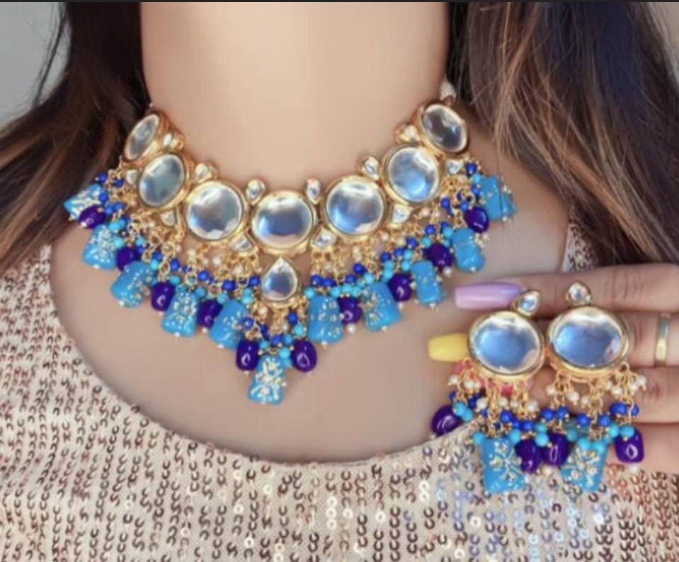 Kundan Meenakari Necklace Set Polki Jaipur Kundan Bridal Wedding Indian Jewelry Set Choker Dulhan Jewelry Earrings Women Girls Gifts | Save 33% - Rajasthan Living 9