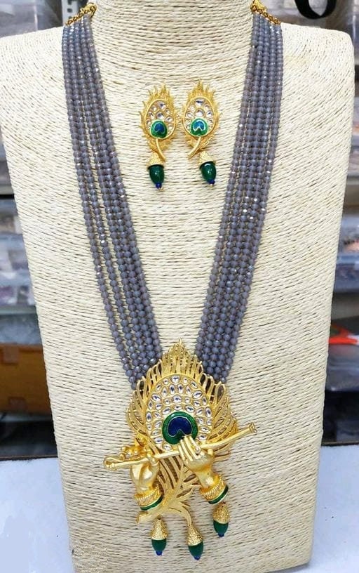 Crystal Beaded Lord Krishna Murli Pankha Necklace Set Kundan Work Jewelry With Peacock Father in Matching Earrings Gift for Your Mom Trand. | Save 33% - Rajasthan Living 13