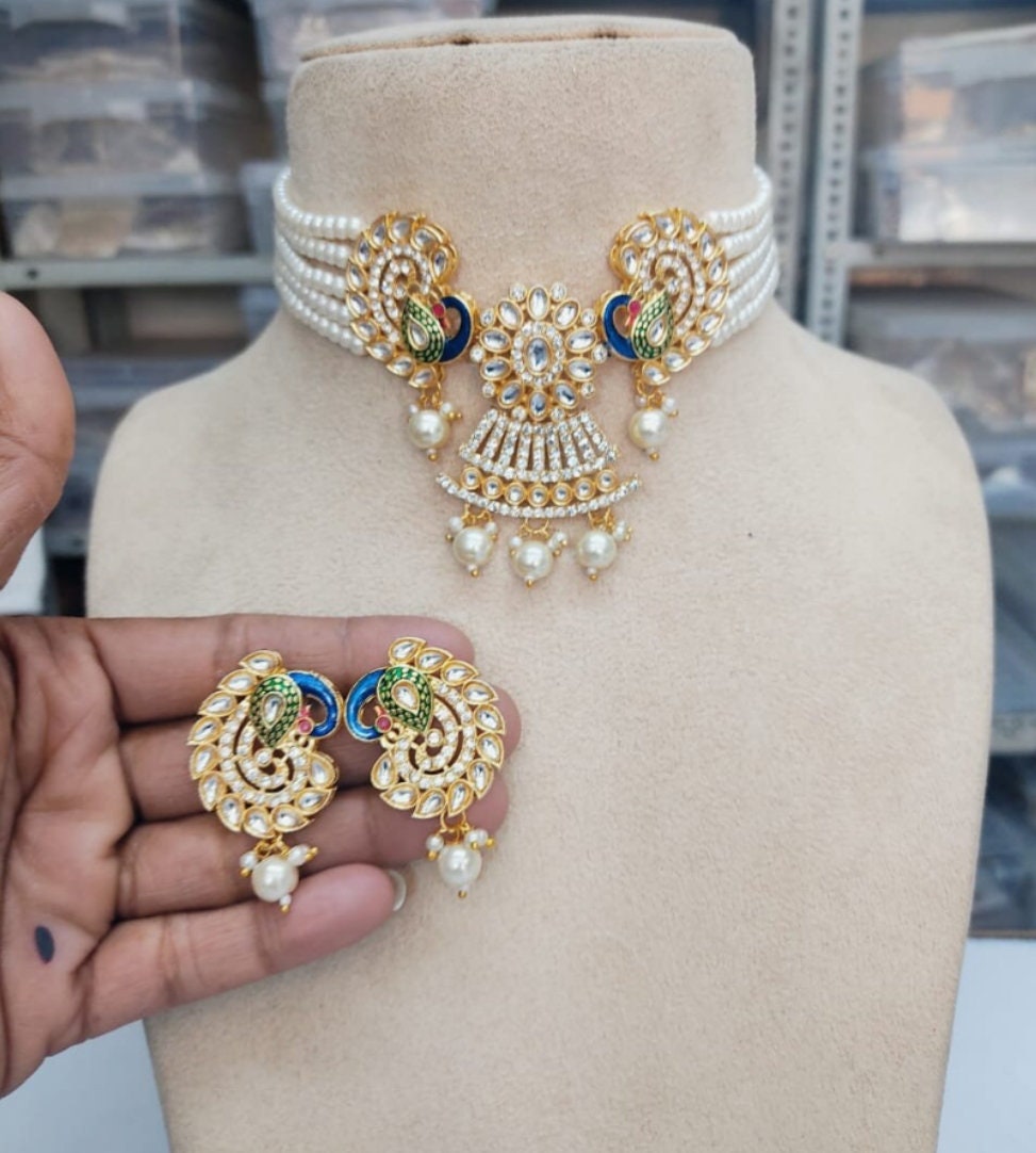 Peacock Design Stone Choker Necklace, Indian Choker Necklace Set for Women, Beads Necklaces for Bridesmaids Choker, Kundan Wedding Jewellery | Save 33% - Rajasthan Living 14