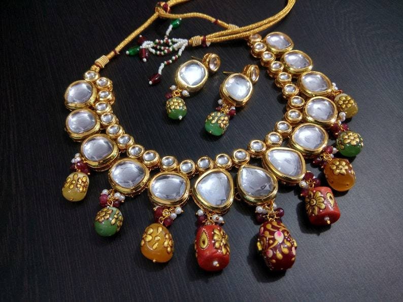 Indian Kundan Meena Handmade Necklace, Earrings With , Meenakari- Kundan Necklace/ Jewelry With Drop Earrings, Rajwada Necklace | Save 33% - Rajasthan Living 8