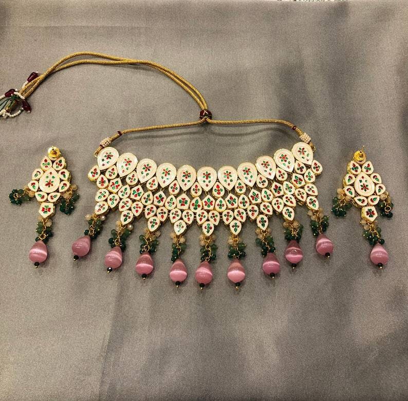Ac Kundan Bridal Choker Set With Semi Precious Stones & Meena Work| Kundan Choker Set | Customisable Choker Set| Gold Plated| Dulhan Set | Save 33% - Rajasthan Living 18