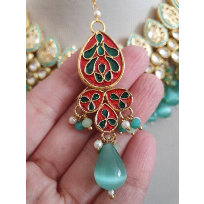 Kundan Polki Mani Meena Necklace Choker Earrings Teeka Tikka Headpiece Meenakari Hand Painted Enamelled Pastel Green Mint Indian Jewelry Uk | Save 33% - Rajasthan Living 8
