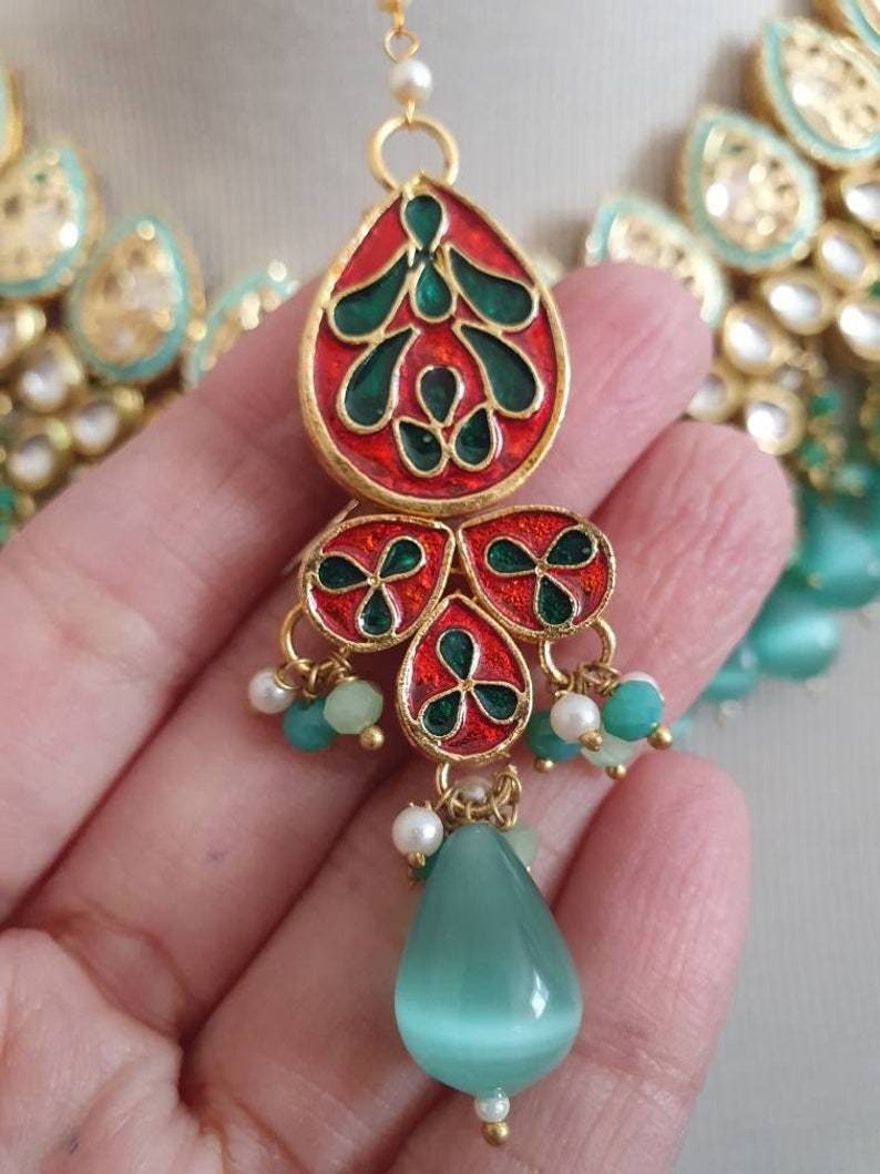 Kundan Polki Mani Meena Necklace Choker Earrings Teeka Tikka Headpiece Meenakari Hand Painted Enamelled Pastel Green Mint Indian Jewelry Uk | Save 33% - Rajasthan Living 14