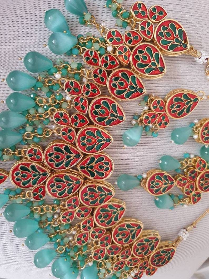Kundan Polki Mani Meena Necklace Choker Earrings Teeka Tikka Headpiece Meenakari Hand Painted Enamelled Pastel Green Mint Indian Jewelry Uk | Save 33% - Rajasthan Living 13