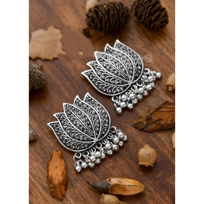 India Traditional Lotus Flower Oxidized Bollywood Jewelry Lotus Top Earrings Chain Jhumka With Ganesh Ji Design Very Cool Casul Earrings | Save 33% - Rajasthan Living 5