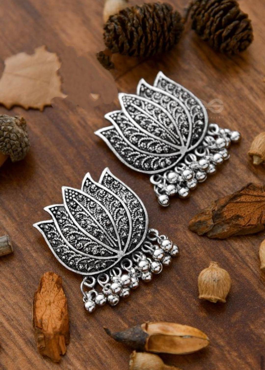 India Traditional Lotus Flower Oxidized Bollywood Jewelry Lotus Top Earrings Chain Jhumka With Ganesh Ji Design Very Cool Casul Earrings | Save 33% - Rajasthan Living 8