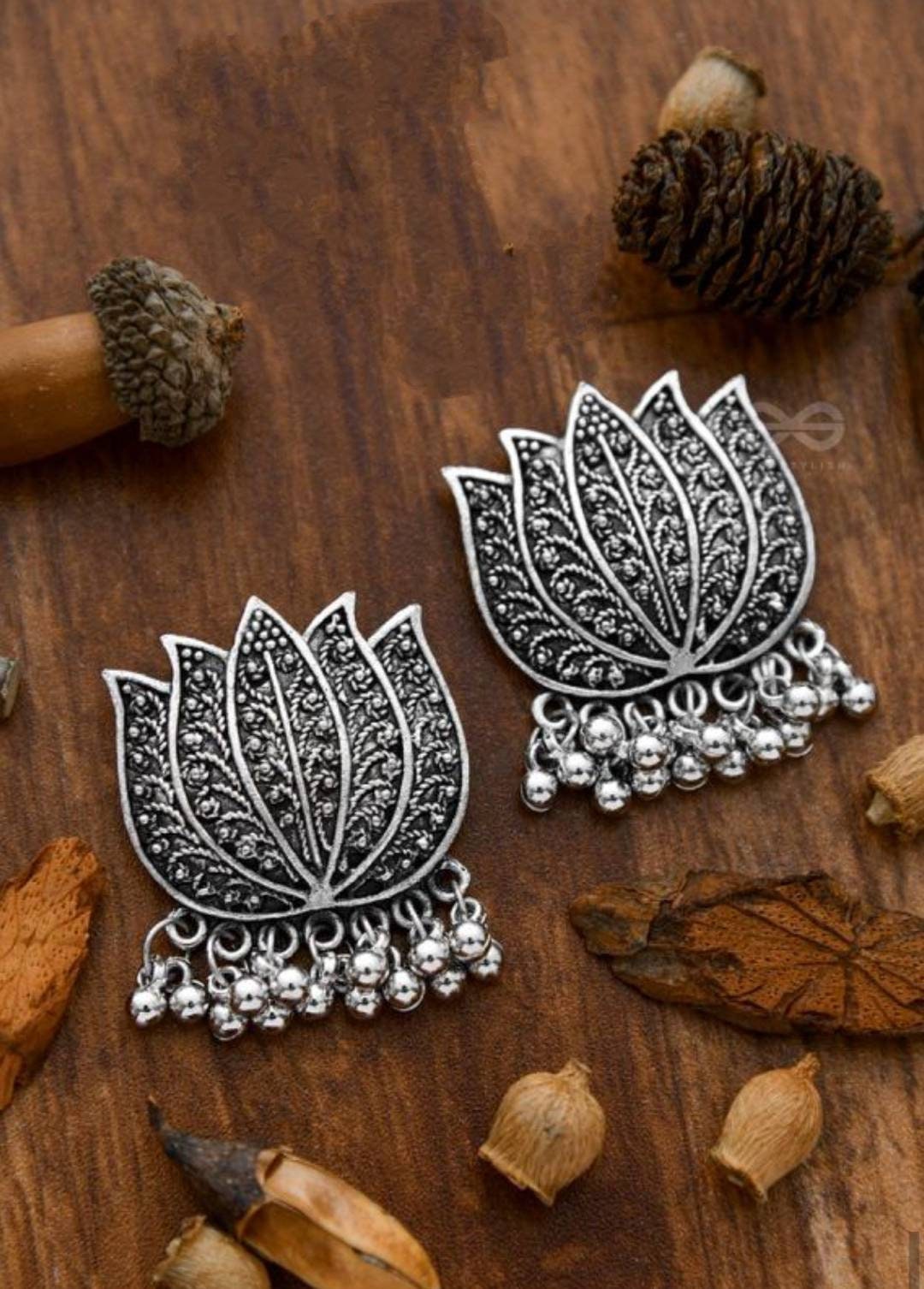 India Traditional Lotus Flower Oxidized Bollywood Jewelry Lotus Top Earrings Chain Jhumka With Ganesh Ji Design Very Cool Casul Earrings | Save 33% - Rajasthan Living 10