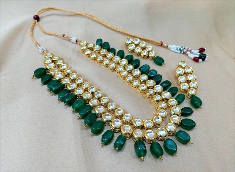 Indian Jewelry, Kundan Long Necklace, Kundan Layered Necklace, Green Kundan Necklace, Kundan Rani Haar, Kundan Jewelry, Green Choker Set | Save 33% - Rajasthan Living 10