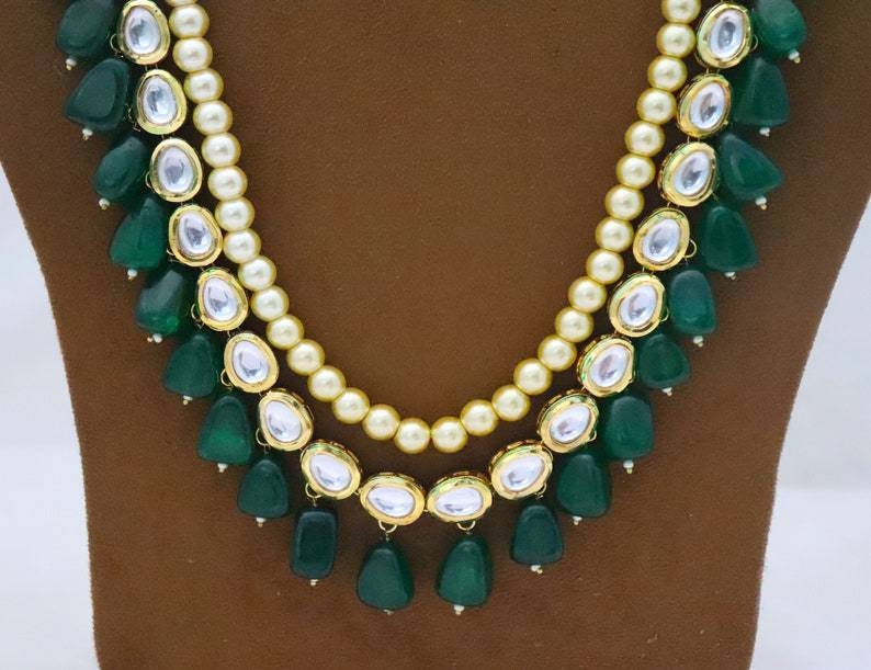 Indian Kundan Necklace Earrings Jewelry Bollywood Green Emerald Beads Jewellery, Bridal Wedding Fashion Pakistani Handmade Kundan Jewelry Us | Save 33% - Rajasthan Living 13