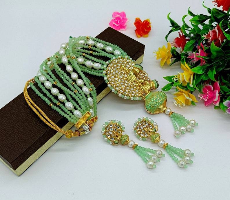 Aqua Green Enameled Necklace-jodha Akbar Faceted Aqua Beaded Necklace-rani Haar -bridesmaid Pearl Necklace Set -lord Krishna Kundan Necklace | Save 33% - Rajasthan Living 18