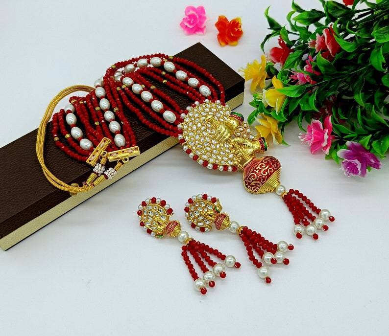 Meenakari Red Necklace -jodha Akbar Faceted Coral Red Beaded Necklace-rani Haar -bridesmaid Pearl Necklace Set -lord Krishna Kundan Necklace | Save 33% - Rajasthan Living 13