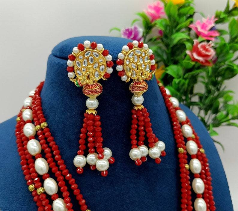 Meenakari Red Necklace -jodha Akbar Faceted Coral Red Beaded Necklace-rani Haar -bridesmaid Pearl Necklace Set -lord Krishna Kundan Necklace | Save 33% - Rajasthan Living 18