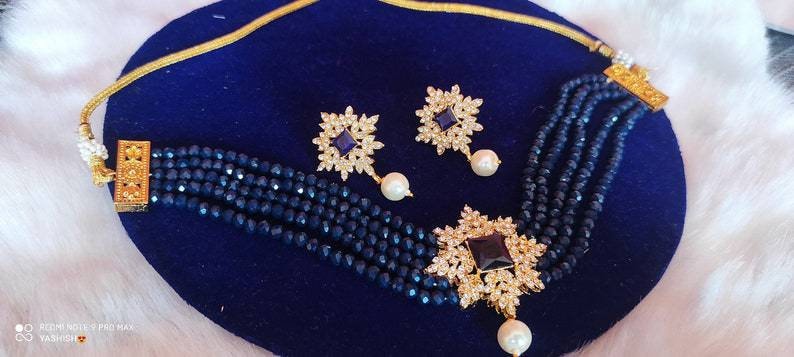 Beautiful Designer Blue Beads Kundan Necklace Set With Earrings, Indian Choker Blue Choker, Indin Necklace, American Diamond Necklace Set | Save 33% - Rajasthan Living 10