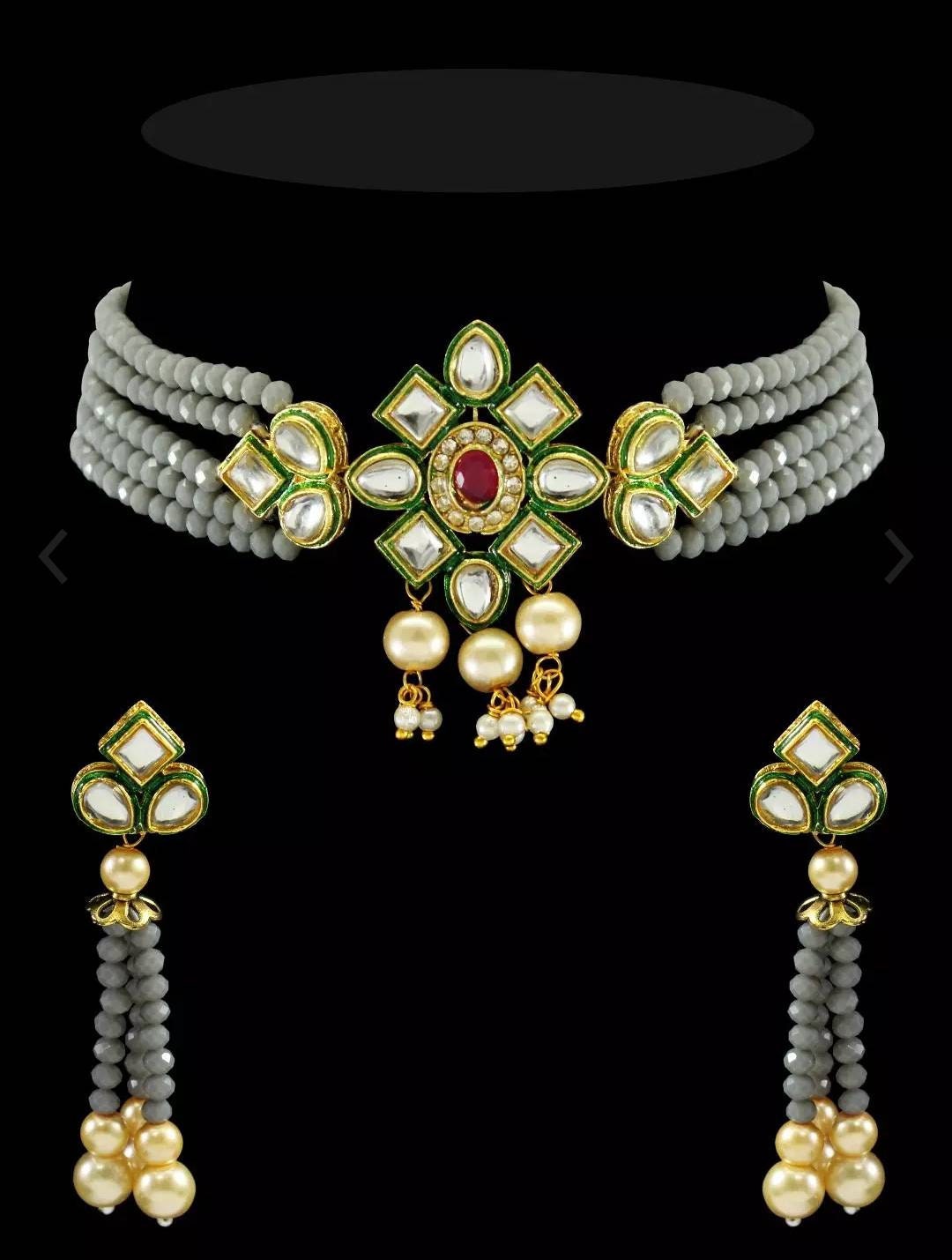 Beautiful Indian Kundan Choker/ Indian Jewelry/ Indian Necklace/ Indian Choker/ Indian Wedding Necklace Set/ Kundan Choker/ Gray Choker Set | Save 33% - Rajasthan Living 9