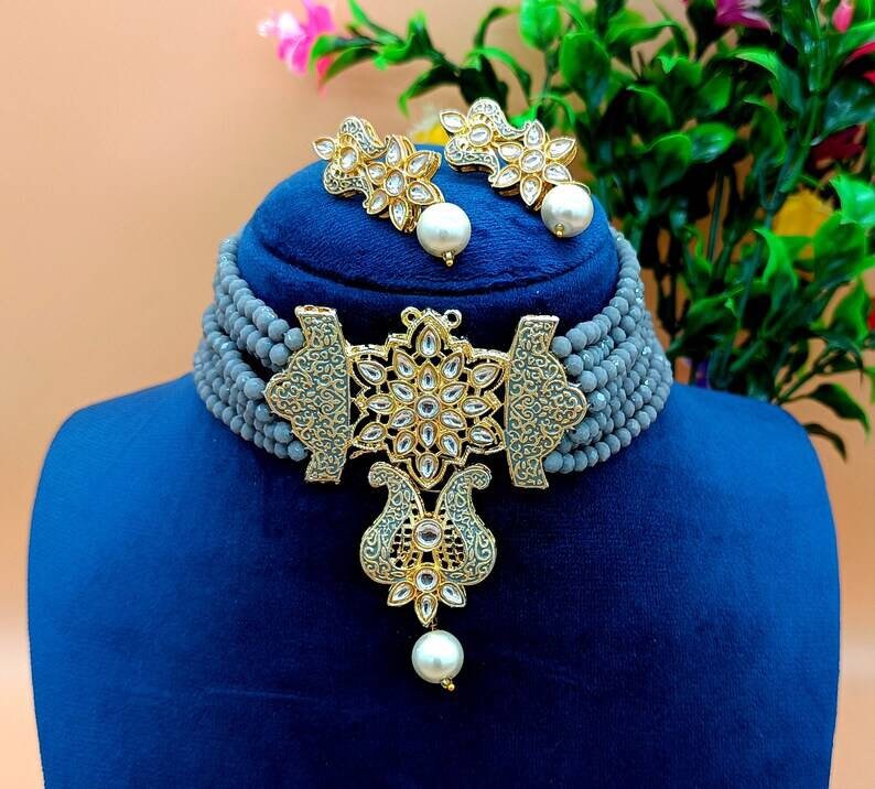 Fine Kundan Choker – Faceted Gray Beaded Choker – Fancy Pearl Necklace – Bridesmaid Necklace – Gift for Her – Cuff Necklace – Bridal Wedding | Save 33% - Rajasthan Living 13