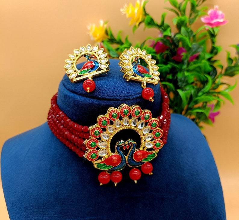 Red Onyx Beaded Cuff Necklace – Fine Kundan Indian Choker- Indian Wedding Bridal Necklace -high Quality Necklace -meenakari Peacock Necklace | Save 33% - Rajasthan Living 13