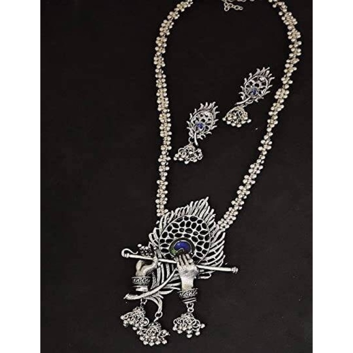 Women’s Trendia Traditional Silver Plated Krishna Flute Design Necklace With Earrings Set | Save 33% - Rajasthan Living 5