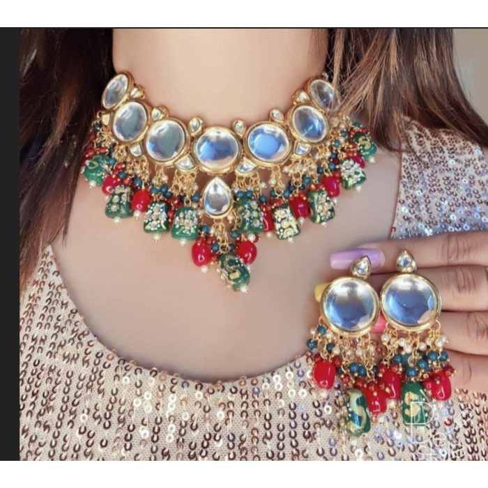 Kundan Meenakari Necklace Set Polki Jaipur Kundan Bridal Wedding Indian Jewelry Set Choker Dulhan Jewelry Earrings Women Girls Gifts | Save 33% - Rajasthan Living 7