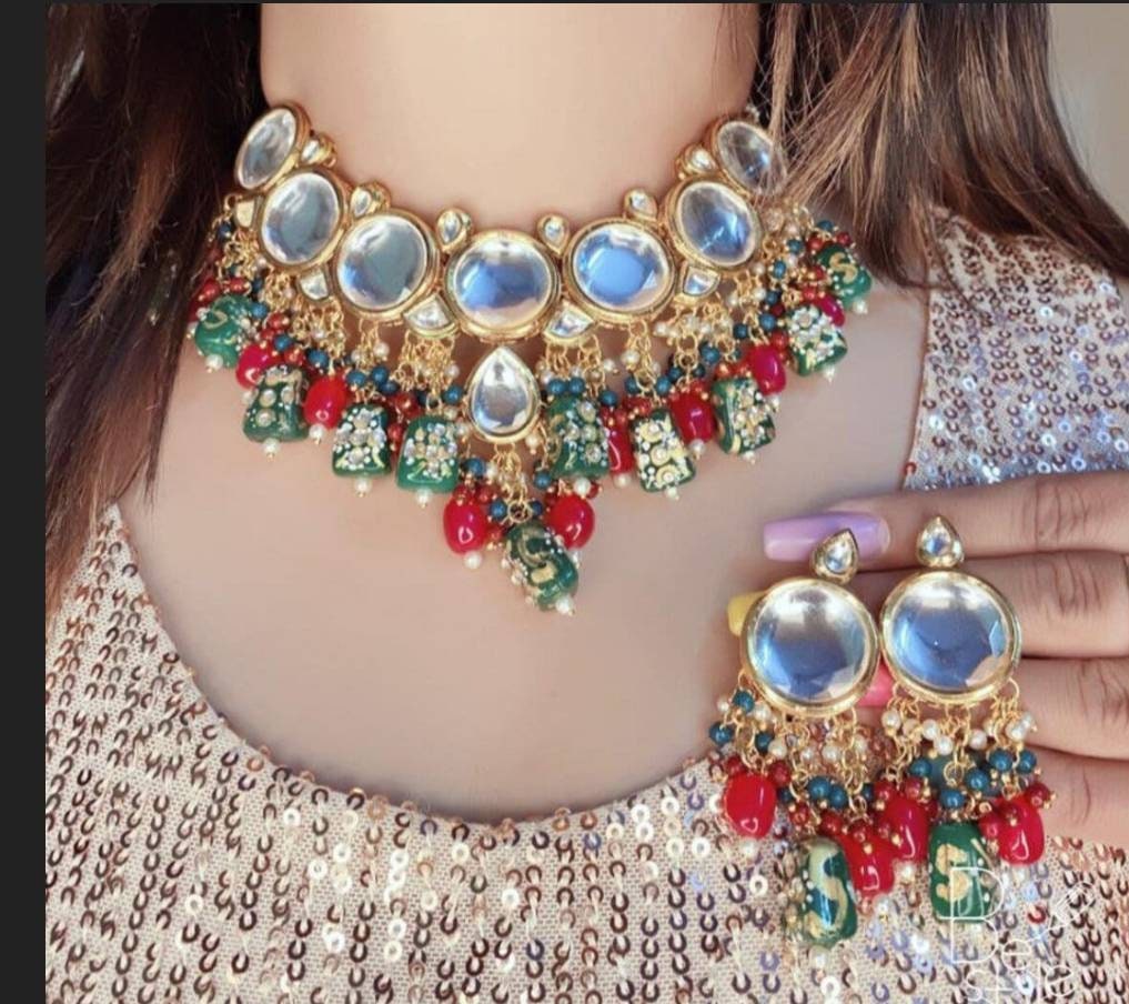 Kundan Meenakari Necklace Set Polki Jaipur Kundan Bridal Wedding Indian Jewelry Set Choker Dulhan Jewelry Earrings Women Girls Gifts | Save 33% - Rajasthan Living 11